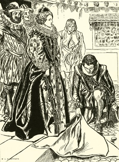 Raleigh breitet seinen Mantel vor Elizabeth aus (Gravur) von Thomas Heath Robinson