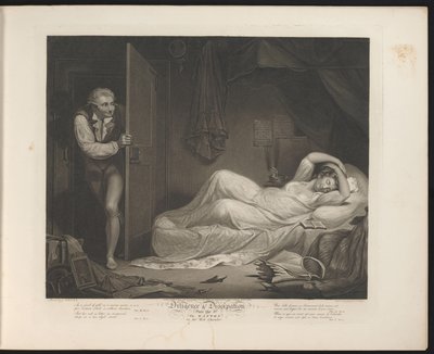Lasterhafte Dienstmagd schlafend während ein Mann hereinschleicht Platte 3. Die Lasterhafte im Schlafzimmer (Titel auf Objekt) Tugend und Lasterhaftigkeit (Serientitel) von Thomas Hellyer