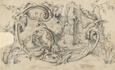 Entwurf für eine Tafel für ein Kaminstück mit zwei kämpfenden Schwänen, umgeben von einer Schriftrolle, 1762 von Thomas Johnson