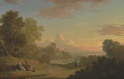 Eine imaginäre Landschaft mit einem Reisenden und Figuren, die auf die Bucht von Baiae blicken von Thomas Jones