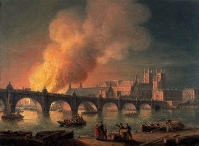 Westminster Bridge und der Brand der Houses of Parliament von Lambeth, 1835 von Thomas Luny