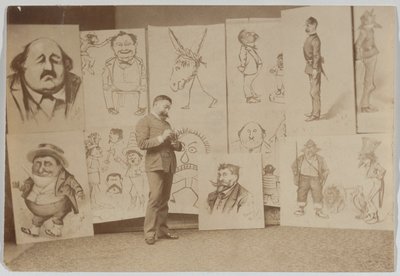 Ganzkörperporträt von Thomas Nast mit einer Gruppe von Karikaturen von Thomas Nast