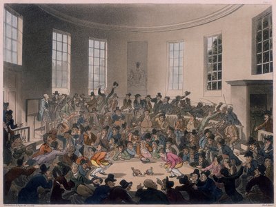 Männer beobachten einen Hahnenkampf, spätes 18. bis frühes 19. Jahrhundert von Thomas Rowlandson, Augustus Charles Pugin
