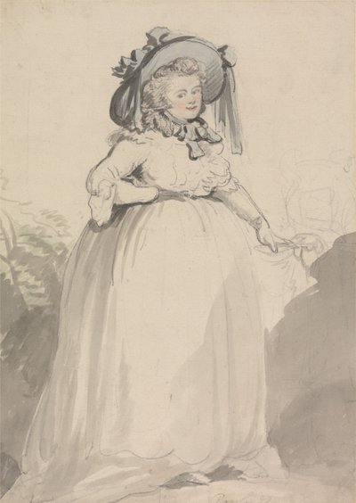 Eine Dame in einem weißen Kleid, mit einem blauen Hut von Thomas Rowlandson