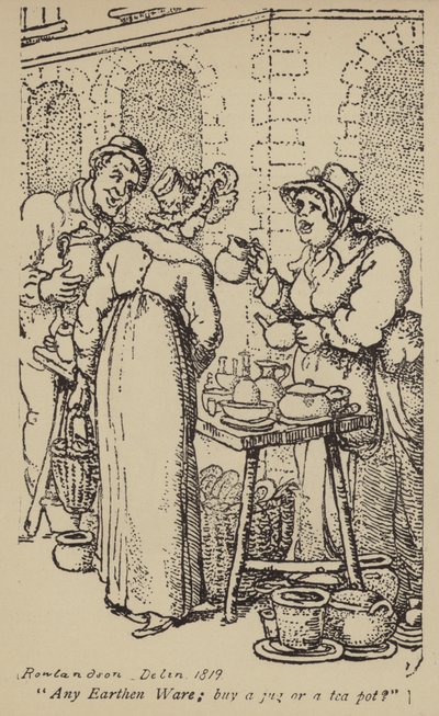 Irgendwelches Steingut; einen Krug oder eine Teekanne kaufen? von Thomas Rowlandson
