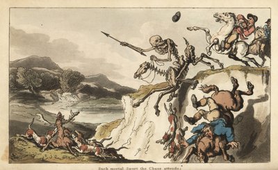Der Tod auf einem skelettierten Pferd reitet über eine Klippe, während ein unglücklicher Jäger und seine Hunde in den Tod stürzen (Handkolorierte Kupferstich von Thomas Rowlandson) von Thomas Rowlandson
