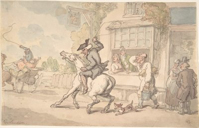 Dr. Syntax mit einem störrischen Pferd vor einem Gasthof von Thomas Rowlandson