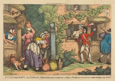 Sterben aus Liebe, oder Captain Careless von einem fünfzehnjährigen Mädchen erschossen, das unerwartet ihren Kopf aus einem Fenster streckte von Thomas Rowlandson