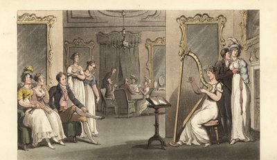 Englischer Gentleman und Damen hören einem Harfenisten bei einem Ball zu von Thomas Rowlandson