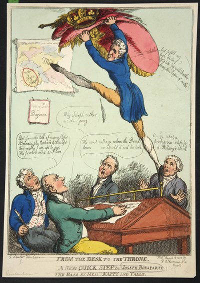 Vom Schreibtisch zum Thron. Ein neuer Quick Step von Joseph Bonaparte. Der Bass von Messrs Nappy und Talley, veröffentlicht 1808 (handkolorierte Gravur) von Thomas Rowlandson