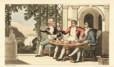 Johnny und Freunde trinken und singen auf einer Terrasse mit Blick auf die Themse. Handkolorierte Kupferstichgravur von Thomas Rowlandson aus William Combes Die Geschichte von Johnny Quae Genus, der kleine Gefundene des verstorbenen Doktor Syntax. von Thomas Rowlandson