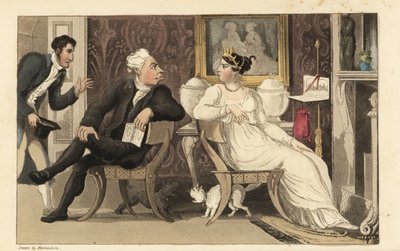 Johnny unterbricht einen Streit zwischen Gästen auf einer Party in einem Regency-Salon. Handkolorierte Kupferstichgravur von Thomas Rowlandson aus William Combes The History of Johnny Quae Genus, the Little Foundling of the late Doctor Syntax. von Thomas Rowlandson