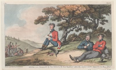 Johnny schreibt seiner Mutter einen Bericht über die Aktion, der später im Star erscheint..., 1815 von Thomas Rowlandson