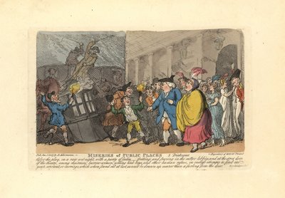 Mann und Damen suchen im Regen nach einer Kutsche in einer Menschenmenge von Thomas Rowlandson