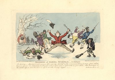Männer fallen auf Schlittschuhen, ein anderer fällt durchs Eis von Thomas Rowlandson