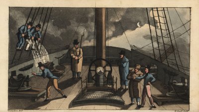 Marine-Ritual, Dogfish Bark: Johnny wird an Deck geschickt, um auf das Bellen eines Hundsfisches zu hören, nur um von Eimern Wasser aus der Takelage durchnässt zu werden. Handkolorierter Kupferstich von W. Read nach einer Illustration von Thomas Rowlandson von Thomas Rowlandson
