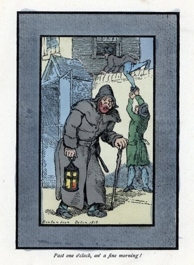 Nachtwächter mit seiner Laterne und seinem Stock, unaufmerksam gegenüber zwei Einbrechern, die ein Haus betreten (1819). Holzstich, basierend auf einem Gemälde von Thomas Rowlandson (1756-1827), veröffentlicht in The Cris of London. von Thomas Rowlandson