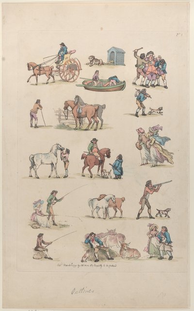 Tafel 1, Umrisse von Figuren, Landschaften und Vieh...für Lernende, Ma..., 8. März 1790 von Thomas Rowlandson