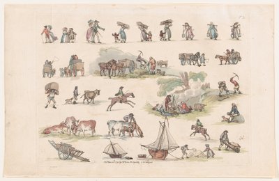 Tafel 2, Umrisse von Figuren, Landschaften und Vieh... für Lernende von Thomas Rowlandson