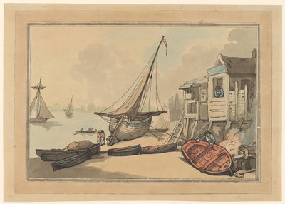 Ruderboote und ein Segelschiff an einem Ufer von Thomas Rowlandson