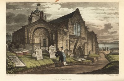 Die Kirche: alte Touristen lesen die Grabsteine auf einem gotischen Kirchhof. Handkolorierter Kupferstich von Thomas Rowlandson, Aquatinta von J.C. Stadler, nach einer Skizze von J. Green aus Poetical Sketches of Scarborough, Ackermann, London von Thomas Rowlandson