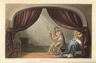 Das warme Bad: nackte Frau nimmt ein Bad hinter Vorhängen in einem Regency-Zimmer. Soll ein Porträt von Mary Robinson, der Geliebten von König George IV., sein. Handkolorierte Kupferstichgravur von Thomas Rowlandson, Aquatinta von J. Bluck, nach einer Skiz von Thomas Rowlandson