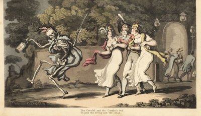 Der Tod in Mantel und Mütze tanzt mit einer Laterne vor einem Dandy in Uniform und zwei Schönheiten in Musselinkleidern und Schals. Handkolorierter Kupferstich von Thomas Rowlandson aus The English Dance of Death von Thomas Rowlandson
