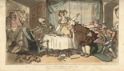 Das Skelett des Todes mit Pfeil und Sanduhr kommt für den Vielfraß, während er beim Abendessen schlemmt. Handkolorierte Kupferplatte gezeichnet und graviert von Thomas Rowlandson aus „The English Dance of Death“, Ackermann, London von Thomas Rowlandson