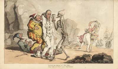Der Tod mit Stundenglas und Pfeil kommt für einen Pierrot und andere Clowns, während ein Harlekin mit einer Frau am Strand tanzt (Handkolorierte Kupferstich von Thomas Rowlandson) von Thomas Rowlandson