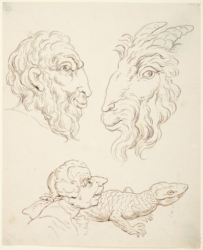 Zwei Karikaturen: Mann und Ziege, Mann und Eidechse von Thomas Rowlandson