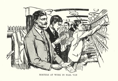 Sortierer bei der Arbeit im Postwagen (Lithografie) von Thomas Somerfield