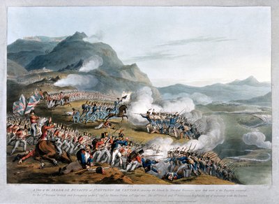 Ein Blick auf die Sierra de Busaco in St. Antonio de Cantaro, zeigt den Angriff von Marschall Reigniers, graviert von Charles Turner, veröffentlicht 1812 von Thomas Staunton St. Clair