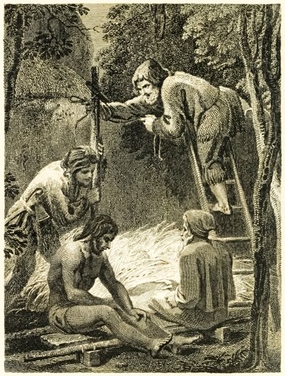 Robinson Crusoe und Freitag bauen ein Zelt für Freitags Vater und den Spanier aus 