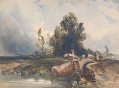 Landschaft mit Kanal und Schleuse; Figuren an der Schleuse von Thomas Sully