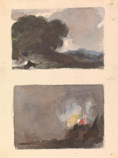 Zwei Zeichnungen auf einem Blatt: Landschaft mit Baum im Vordergrund und Berge in der Ferne - Hobbema und Ruysdaels Prinzip (Nr. 5); Figur in Innenraumszene - Teniers und Ostades Prinzip (Nr. 6) von Thomas Sully
