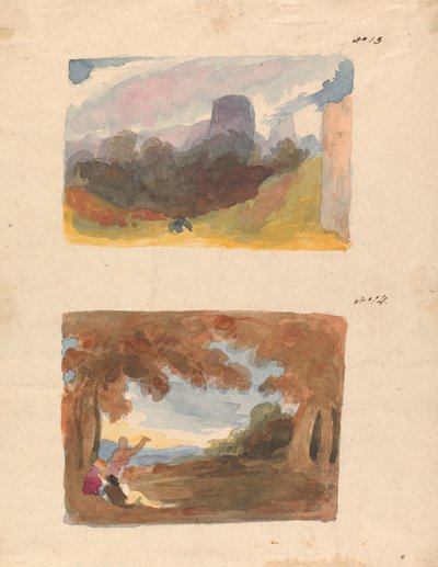 Zwei Zeichnungen auf einem Blatt: Landschaft mit Schloss - Moderne Art (Nr. 13); Landschaft mit Figuren im Vordergrund (Nr. 14) von Thomas Sully