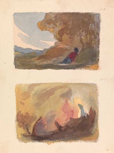 Zwei Zeichnungen auf einem Blatt: Landschaft mit Figur, die sich gegen einen Hügel lehnt - Tizian und Venezianische Schule (Nr. 7); Landschaft - Verschiedene Aquarellwäschen (Nr. 8) von Thomas Sully