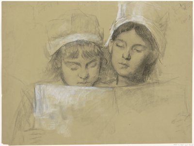 Zwei Mädchen mit weißen Mützen, die in einem Buch lesen von Thérèse Schwartze