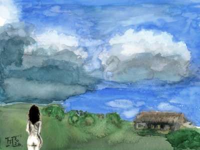 Frau betrachtet weite Landschaft von Tim Hoinkis