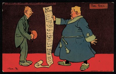 Mann liest eine lange Rechnung von seinem Klempner (Chromolithografie) von Tom Browne