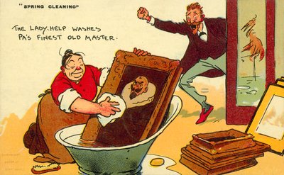 Frühjahrsputz, Die Herrin wäscht Pas feinsten alten Meister (Chromolithografie) von Tom Browne
