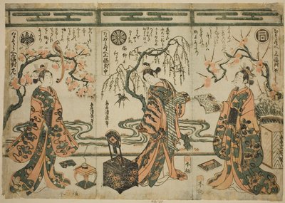Die Schauspieler Sanogawa Ichimatsu (rechts), Nakamura Tomijuro (Mitte) und Nakamura Kumetaro (links), aus Ein Vergleich - Set von Drei (Nazorae Sanpukutsui) von Torii Kiyohiro