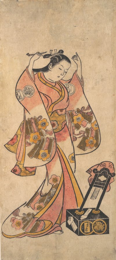 Sanjo Kantaro als Frau, die sich vor einem Lackspiegel die Haare richtet, vor 1763 von Torii Kiyomasu II.