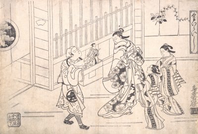 Der Schauspieler Ichimura Takenojo VIII in der Rolle eines Puppenspielers, zeigt Puppen einem Hof, ca. 1715 von Torii Kiyomasu I