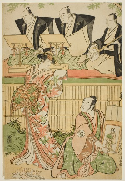 Die Schauspieler Matsumoto Koshiro IV als Ukita Sakingo und Sawamura Sojuro III als Geist der Kurtisane Takao, im Stück "Ominaeshi Sugata no Hatsuaki," aufgeführt im Nakamura Theater, 1788 von Torii Kiyonaga