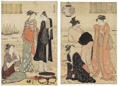Der sechste Monat, den Abendkühle in einem Teehaus genießen, aus der Serie Die zwölf Monate im südlichen Viertel (Minami jūni kō) von Torii Kiyonaga