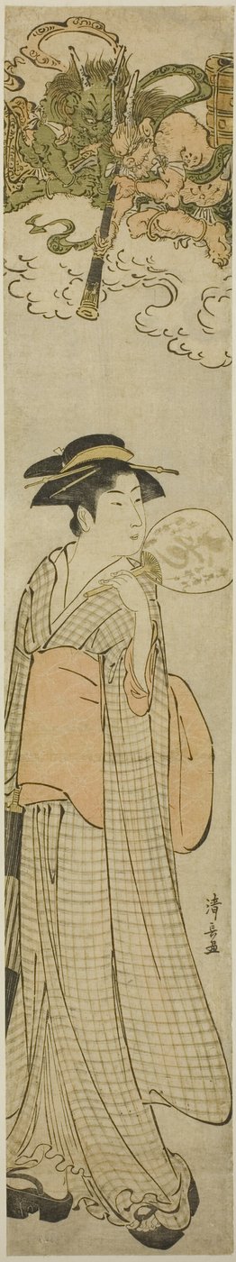 Donnengötter spähen durch ein Teleskop auf eine Schönheit von Torii Kiyonaga