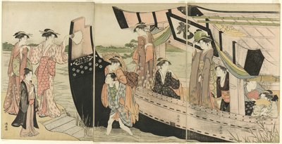 Frauen kommen von einem Vergnügungsboot am Sumida-Fluss an Land von Torii Kiyonaga