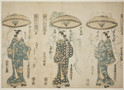 Die Schauspieler Onoe Kikugoro I (rechts), Sanogawa Ichimatsu I (Mitte) und Sanogawa Senzo (links), aus dem Triptychon "Negura sanpukutsui" von Torii Kiyonobu II