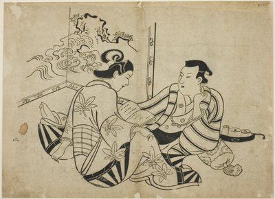 Lesen eines Briefes vor einem Bildschirm, aus einer unbetitelten Serie von 12 Drucken von Torii Kiyonobu I